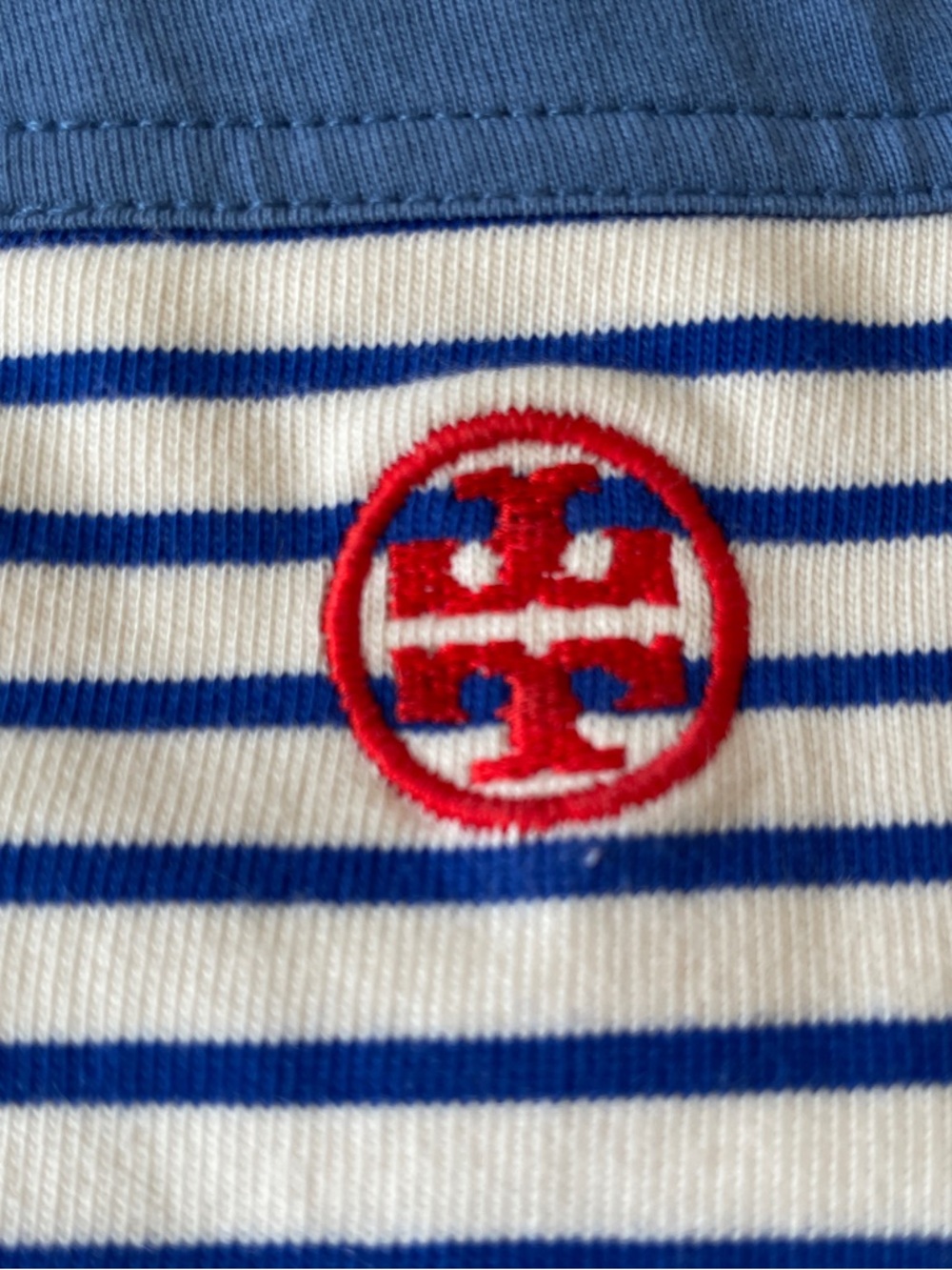 Tory Burch Top M Striped Tee White with Blue Stripes with Red Floral Accents - Picture 2 of 10